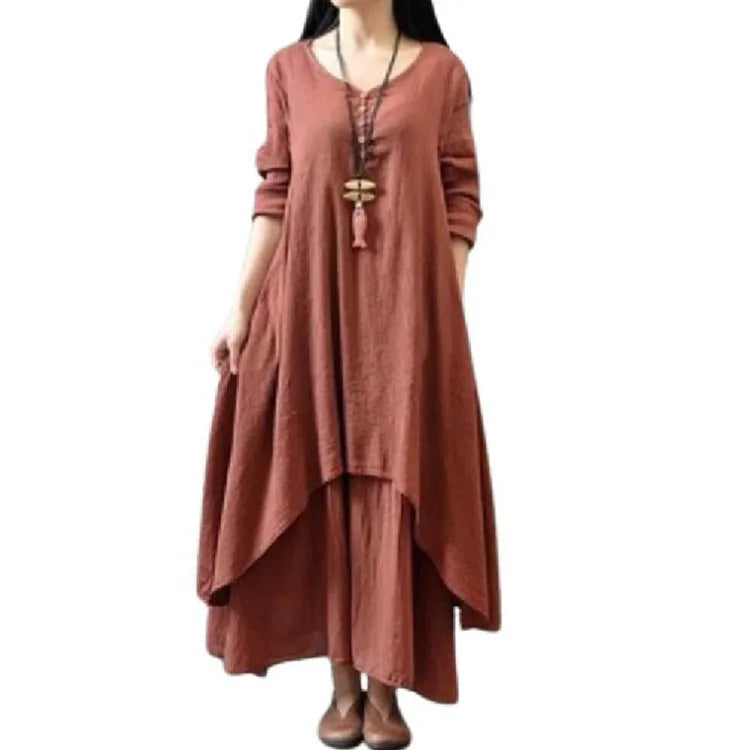 Korean Style Autumn Women Elegant Dress Casual Long Sleeve Cotton Linen Loose Dress for Women