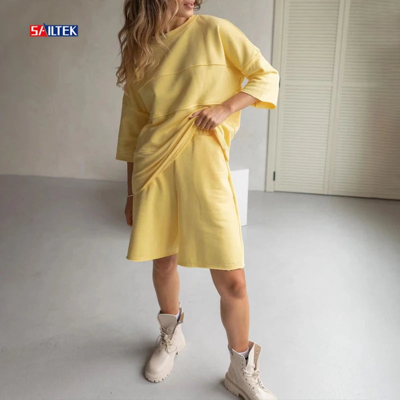 Wholesale Plus Size Women's Clothing Loose Custom Oversized T-shirt and Short Set Multicolor Knitted Two Piece Shorts Set Women