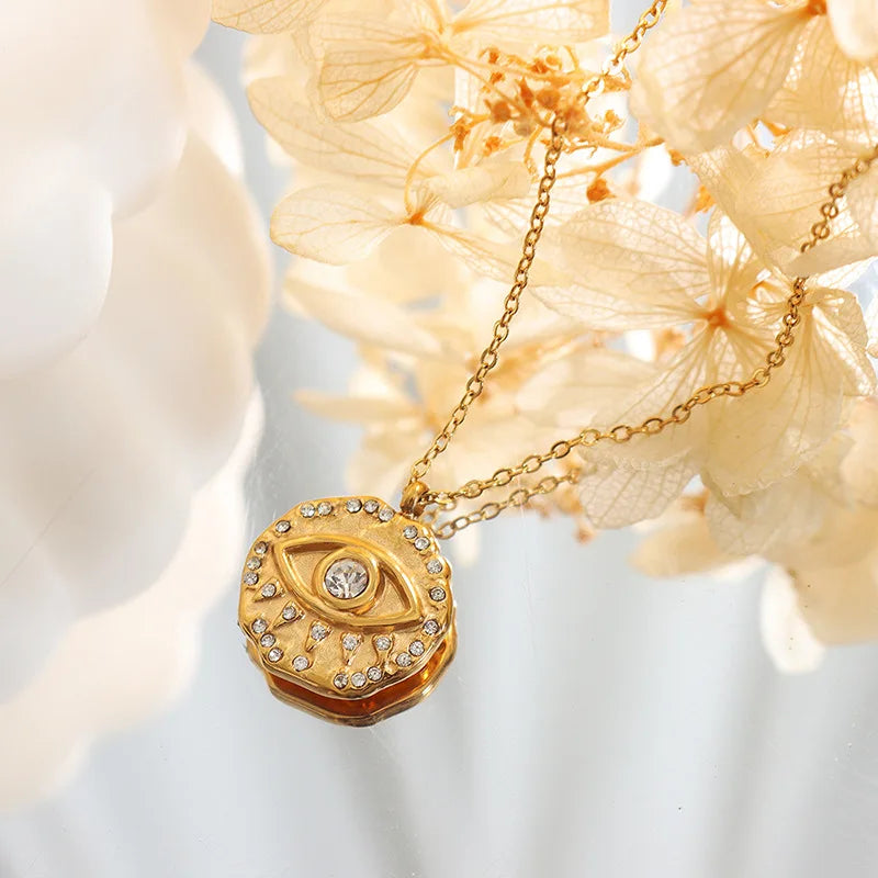 Ilona Women's Vintage Eyes 18K Gold Plated Stainless Steel Zircon Pendant Necklace Simple Fashion Jewelry Daily Life