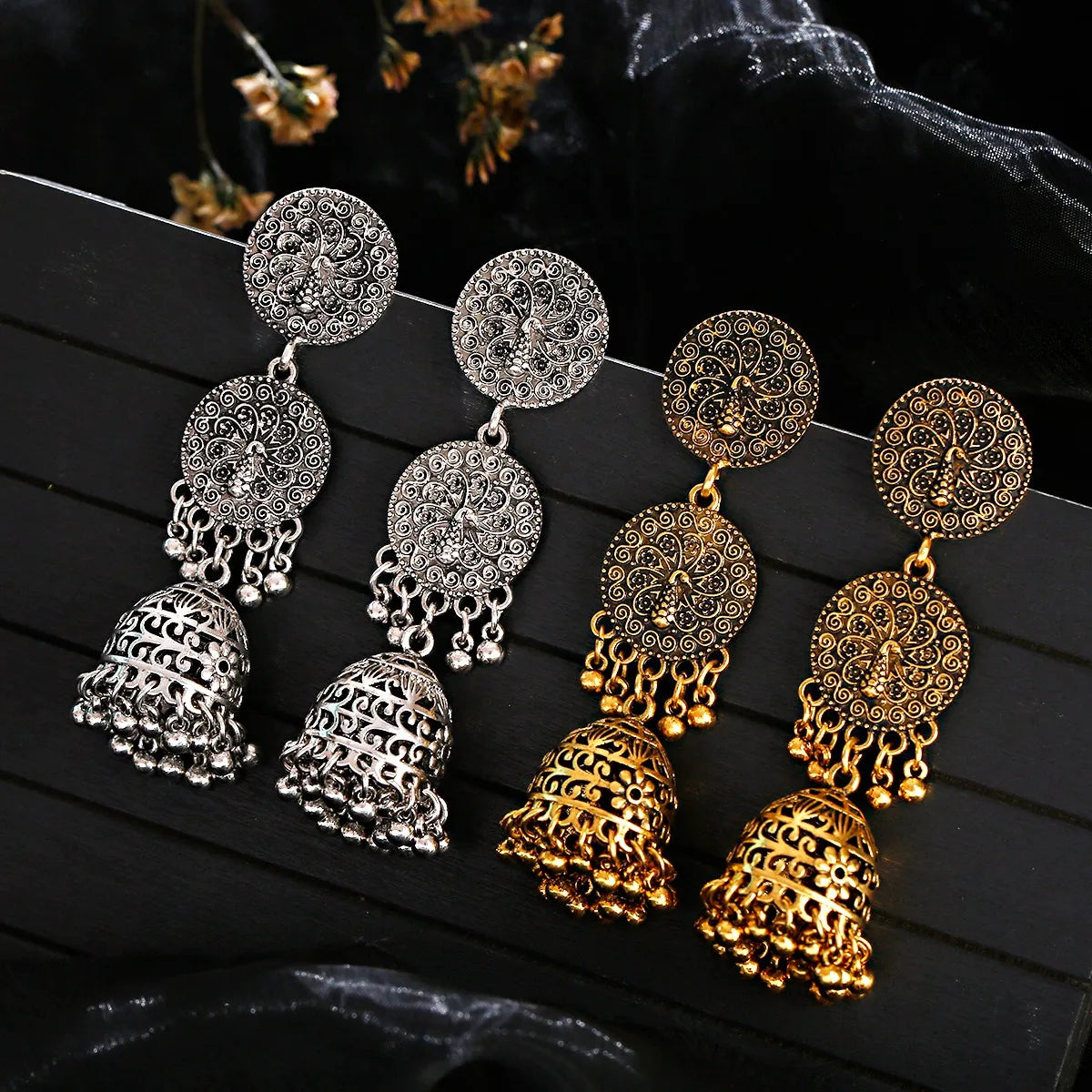 India Oxidized Gold Silver Plated Beaded Chandbali Bells Jhumki Earrings Jewelry Ethnic Boho Bells Tassel Dangle Earrings