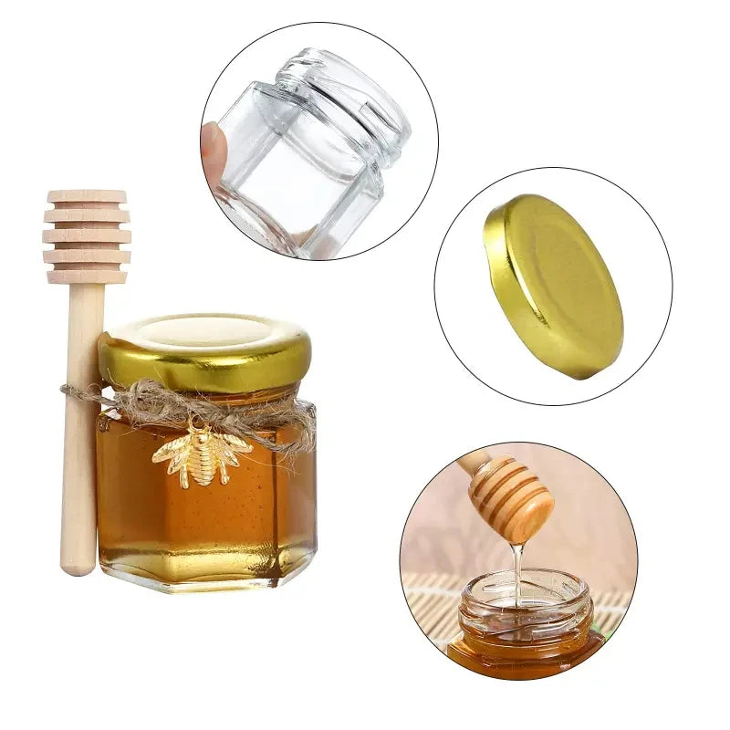 Hot Selling 1.5oz 45ml Mini Hexagonal Candy Glass Honey Jar Glass Bottle With Wooden Dipper for Wedding