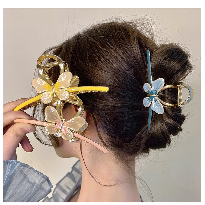 Para El Cabello Moda 2023 New Design Butterfly Oil Drip Metal Shark Hair Claw Clip Fashion 11.5cm Gold Hair Clip Claw for Women