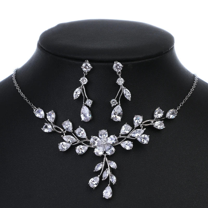 Elegant Wedding Jewelry Temperament Bridal Jewelry Set Simple Plant Shape White Gold Necklace Earrings Set for Women