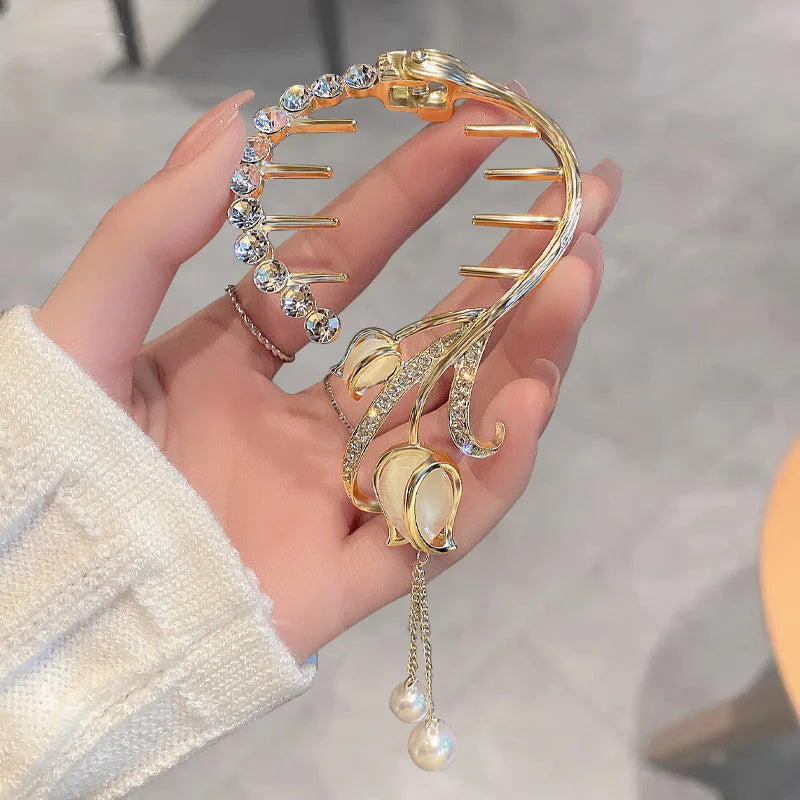Exquisite Rhinestone Tulip Flower Hairpin Ponytail Buckle Women Gifts Crystal Barrette Accessories Pearl Tassel Hair Clip