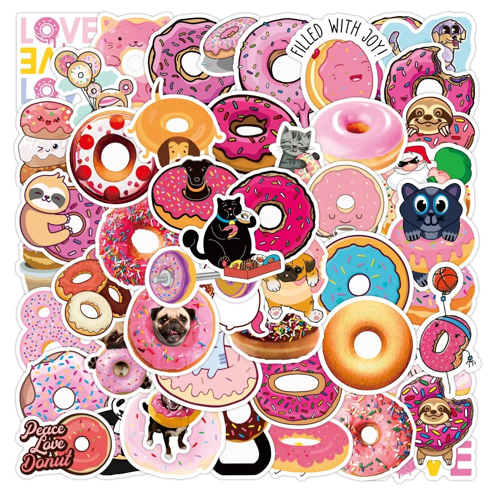 50Pcs Cute Pink Donuts Dessert Cake Girl Paper Decals Waterproof Diy Decorative Sticker