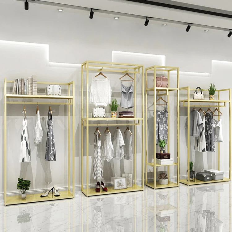 Women's Double Gold Clothing Rack for Display Shopping Mall Shop Spot for Hanging Clothes Shelves