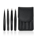 Customized Stainless Steel Black Eyebrow Tweezer Set with Curved Slanted Pointed Tips Durable Reusable Comfortable Handle 4pcs