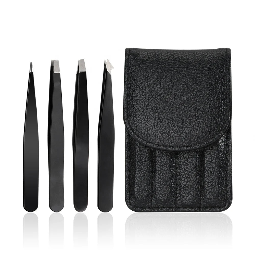 Customized Stainless Steel Black Eyebrow Tweezer Set with Curved Slanted Pointed Tips Durable Reusable Comfortable Handle 4pcs