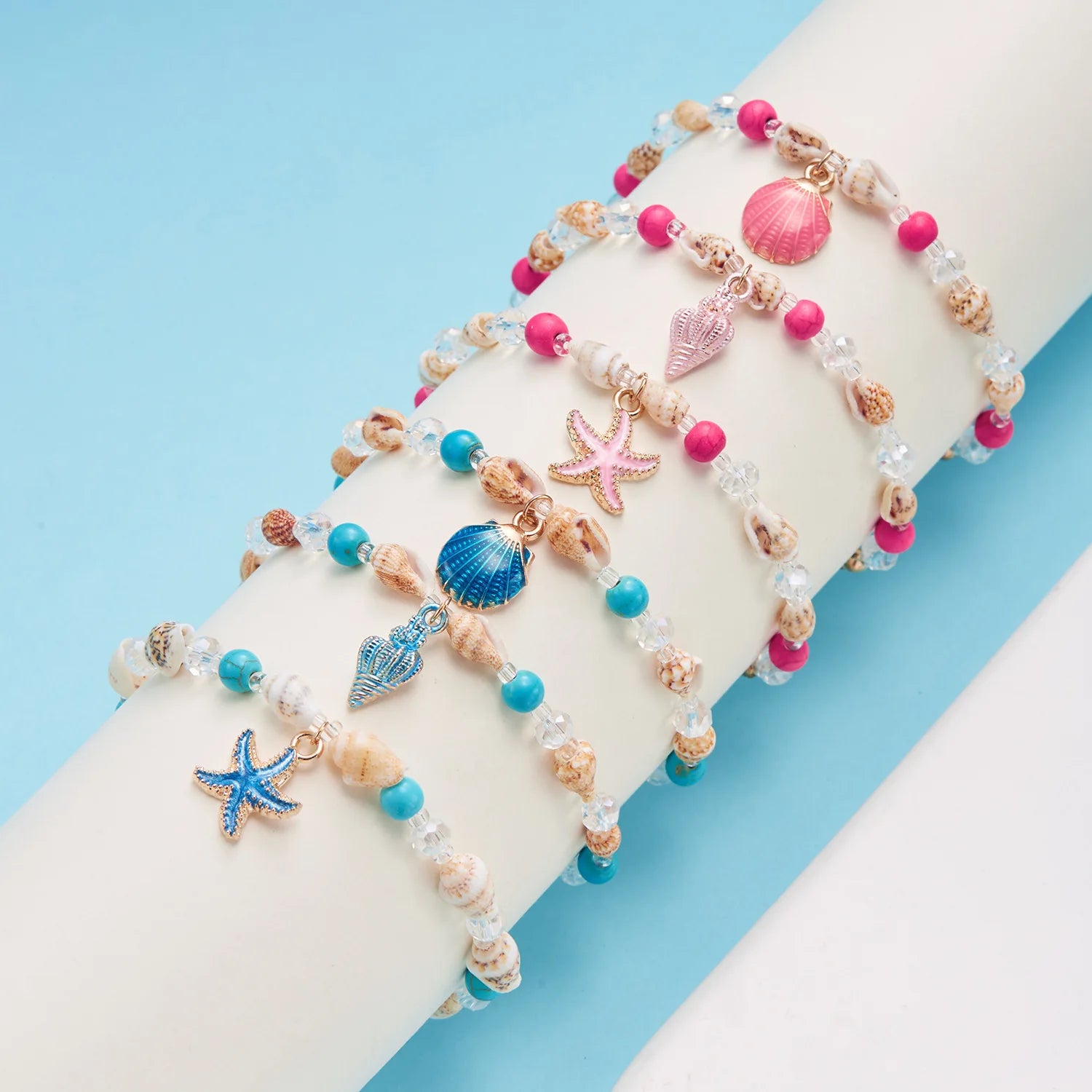 Summer Beach Ocean Jewelry Beaded Sea Conch Shell Bracelet Blue Pink Starfish and Shell Bracelet
