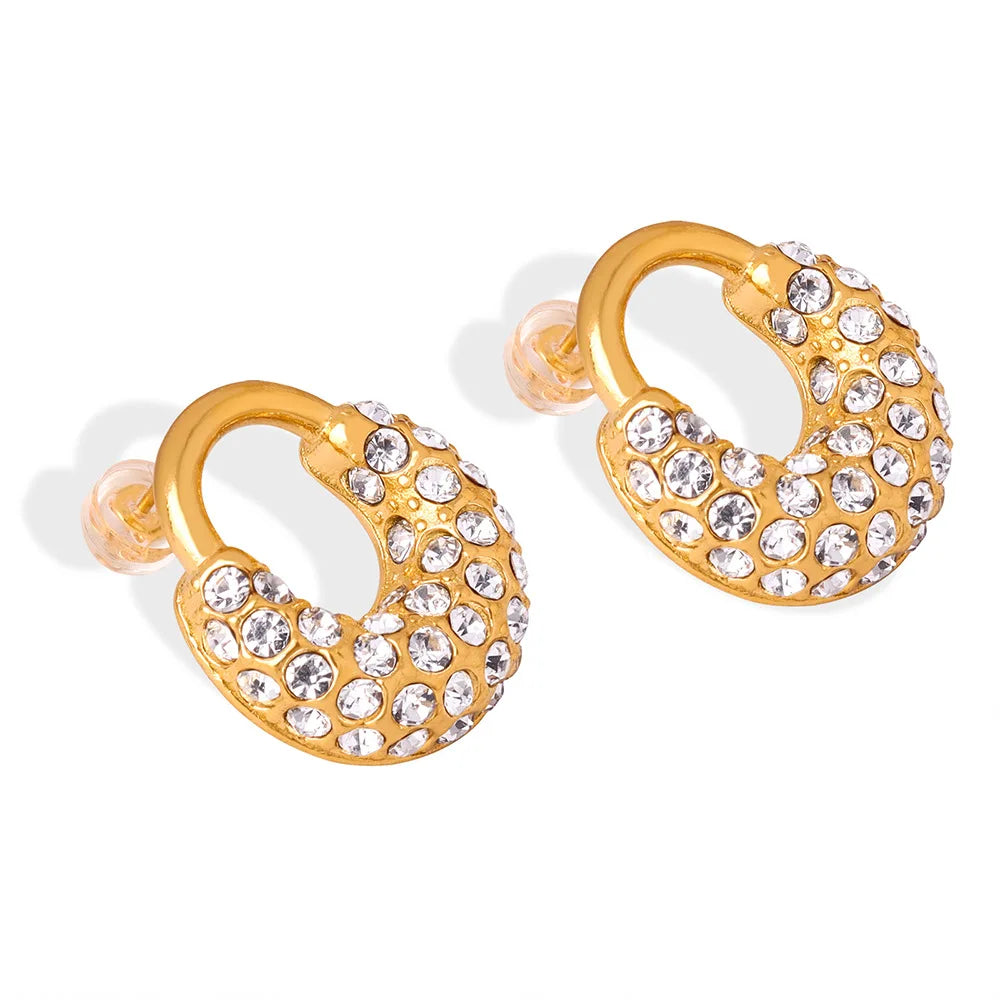 Women Fashion Jewelry Stainless Steel Gold Plated Pave Shiny Geometric Cubic Emerald Shiny Micro Oval Stud Hoop Zircon Earrings