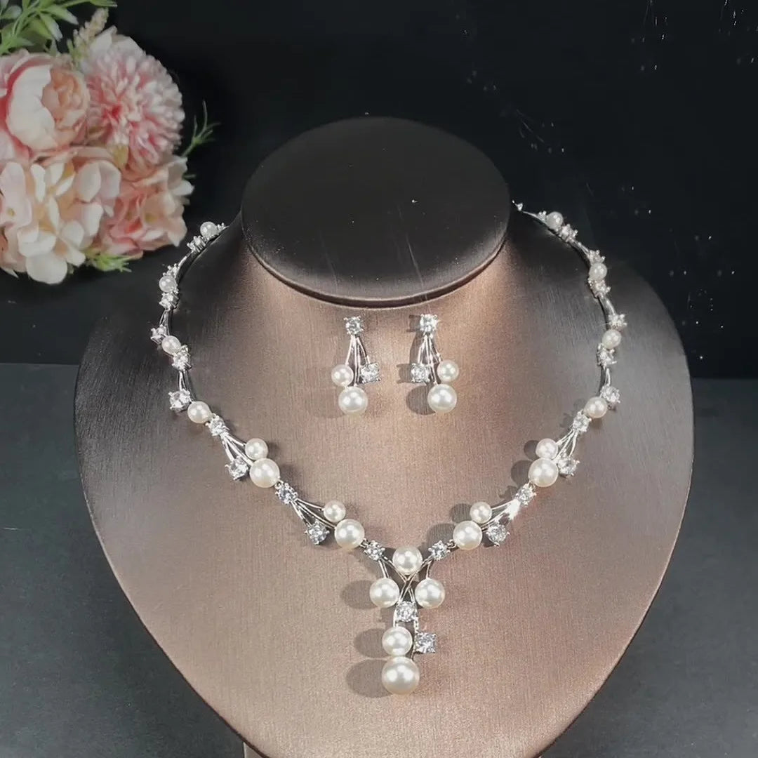 Cross Border Jewelry Zircon Imitation Pearl Necklace Earrings Set Fashionable High-end Bridal Wedding Jewelry Accessories 24K