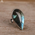 Flash Labradorite Silver Ring  Freeform Drop Shape Band  Fashion Gift