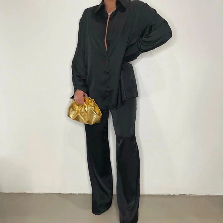Wholesale Women Fashion Suit Hot Sale Solid Color Satin Loose Casual Suit