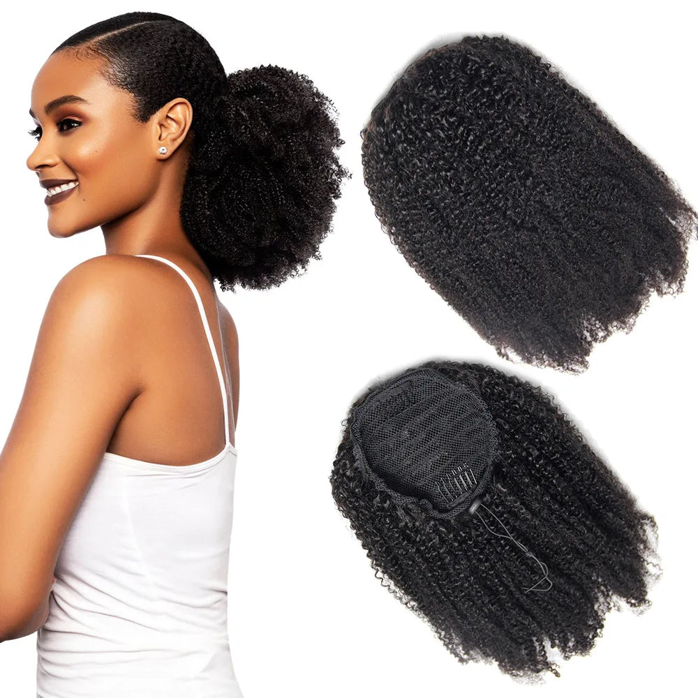Natural Indian 4C Virgin Cheveux Afro Kinky Curly Human Hair Ponytailreal Kinky Curly Human Drawstring Ponytail Hair Extensions