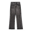 Custom Men's Loose Fit Flare Leg Jeans Grey Wash Vertical Fade Lines Distressed Hem Detail Metal Rivet Accents Five Pocket