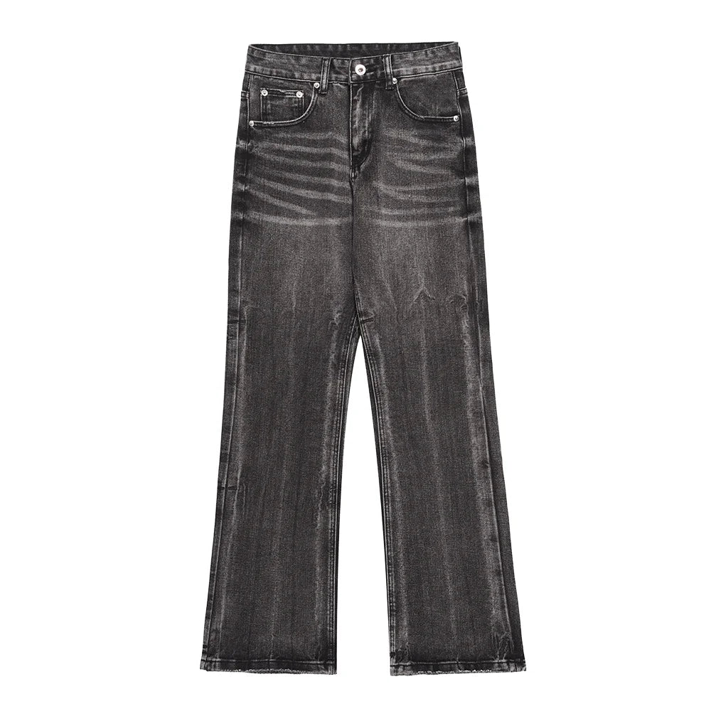 Custom Men's Loose Fit Flare Leg Jeans Grey Wash Vertical Fade Lines Distressed Hem Detail Metal Rivet Accents Five Pocket