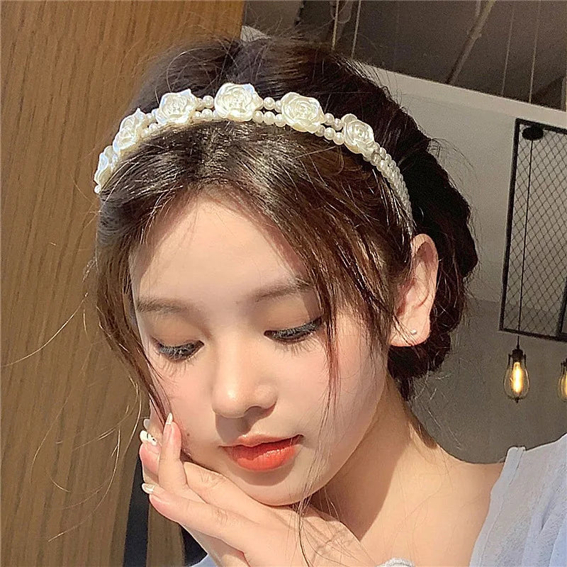 Diadema De Perlas Double Layer Pearl Headband White Rose Headwear Head Band Bride Wedding Pearl Headband
