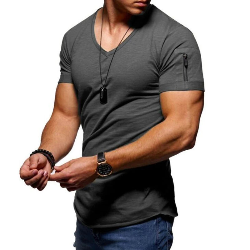 New Summer Short Sleeved Zipper Casual T Shirt Men Casual V Neck Fashion T-Shirt Men Fitness Streetwear Tees Tops