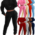 Custom Logo Autumn Women Clothing Long Sleeve Hooded Crop Top Two Piece Set Knitting Women Casual Two Pieces Set