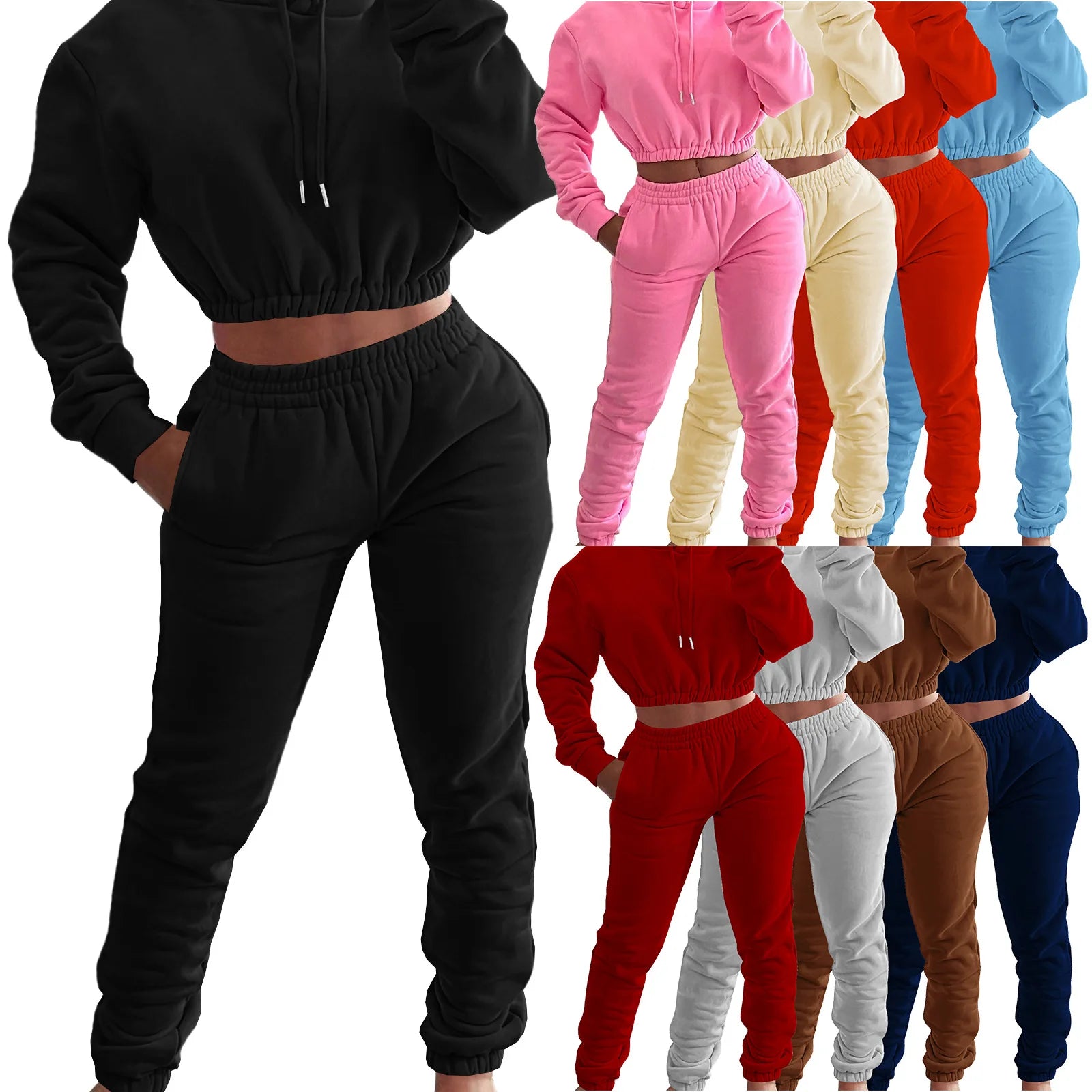 Custom Logo Autumn Women Clothing Long Sleeve Hooded Crop Top Two Piece Set Knitting Women Casual Two Pieces Set