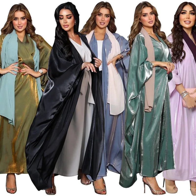 Satin Open Abaya Kimono Turkey Bubble Sleeve Abayas for Women Dubai Dress Islamic Clothing Modest Outfits Kaftan