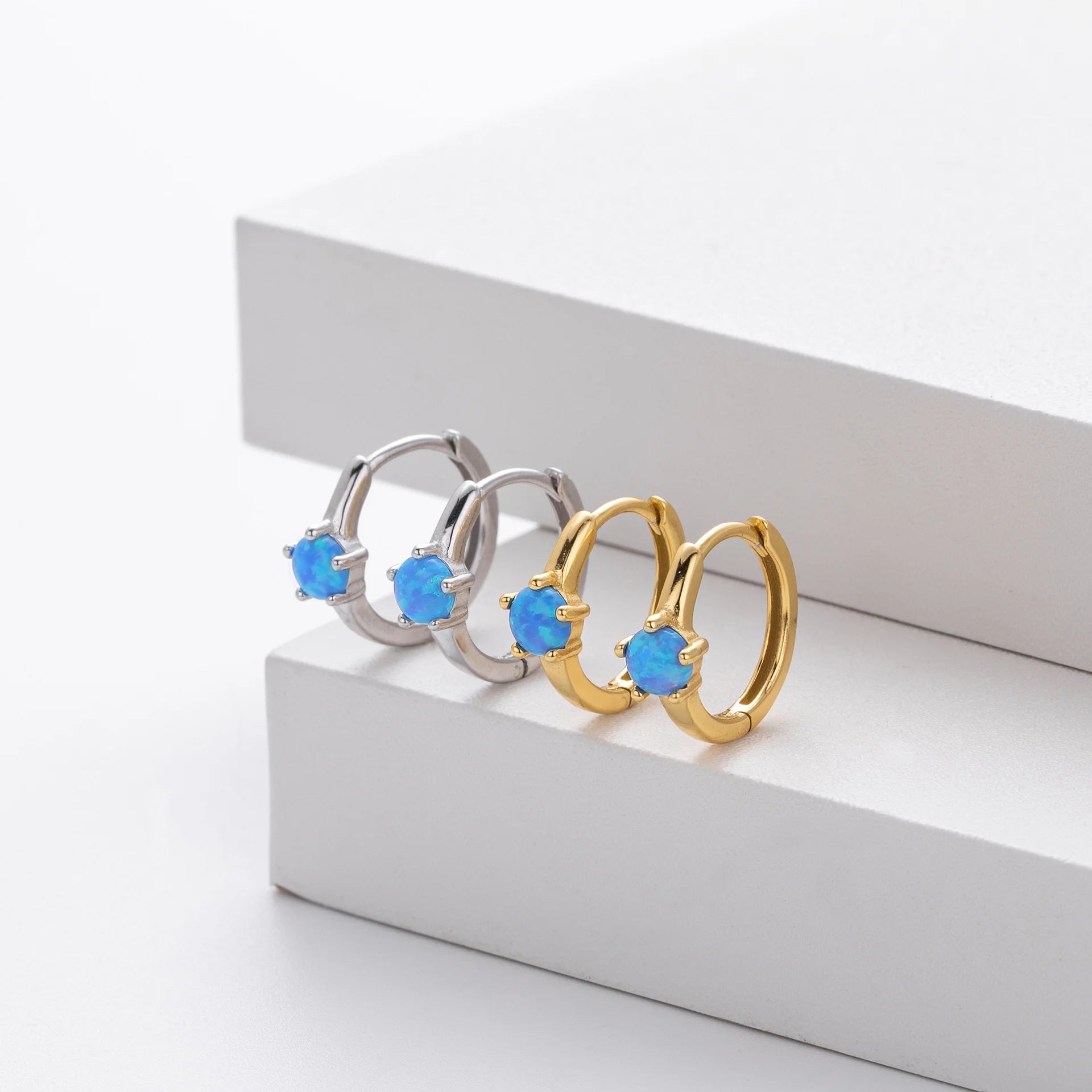 Merryshine 925 Sterling Silver Fashion Jewelry Girls Fine Wholesale Huggie Blue Opal Ear Cuff Hoop Earrings for Women
