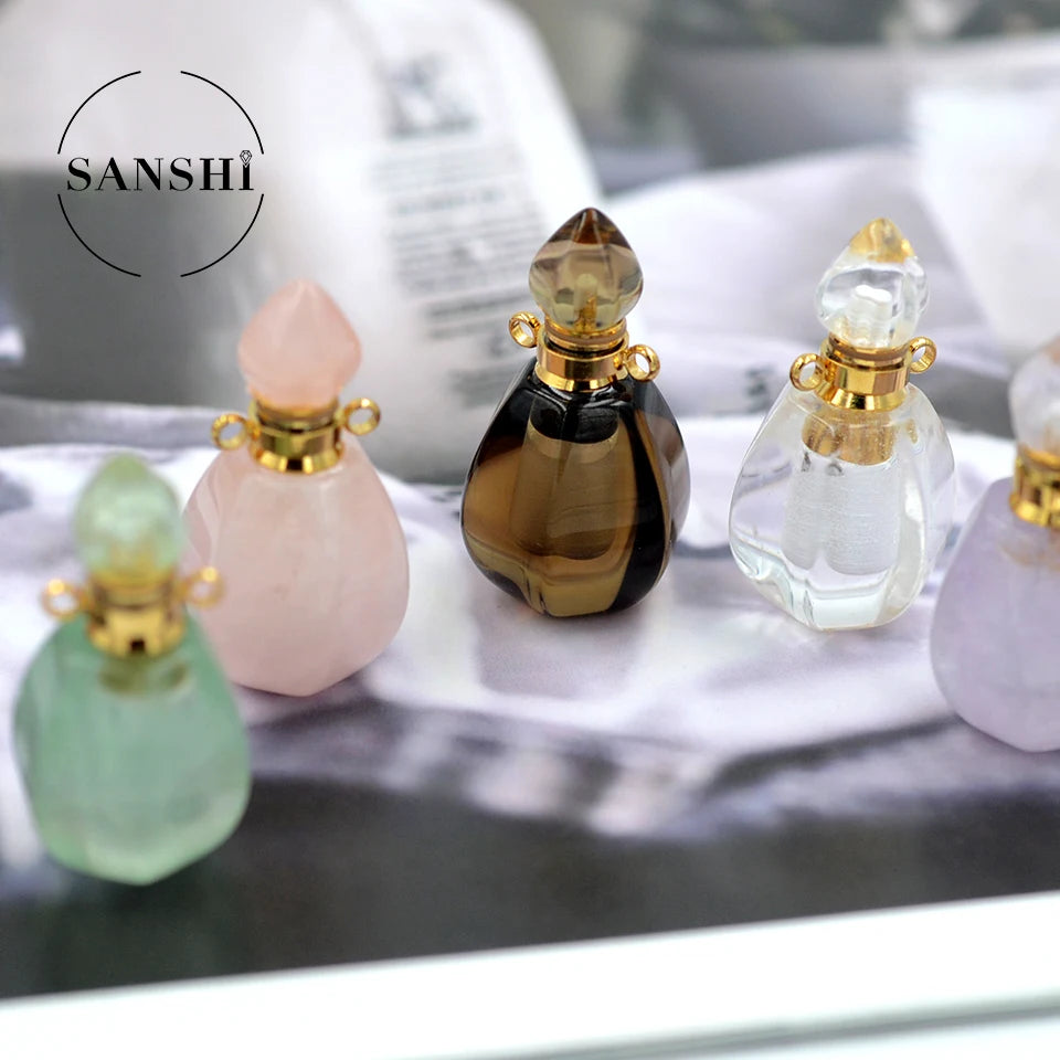 Mini Cute Jewelry Amethyst Wishing Bottle Pendant Rose Quartz Perfume Bottle Fluorite Oil Pendant Necklace