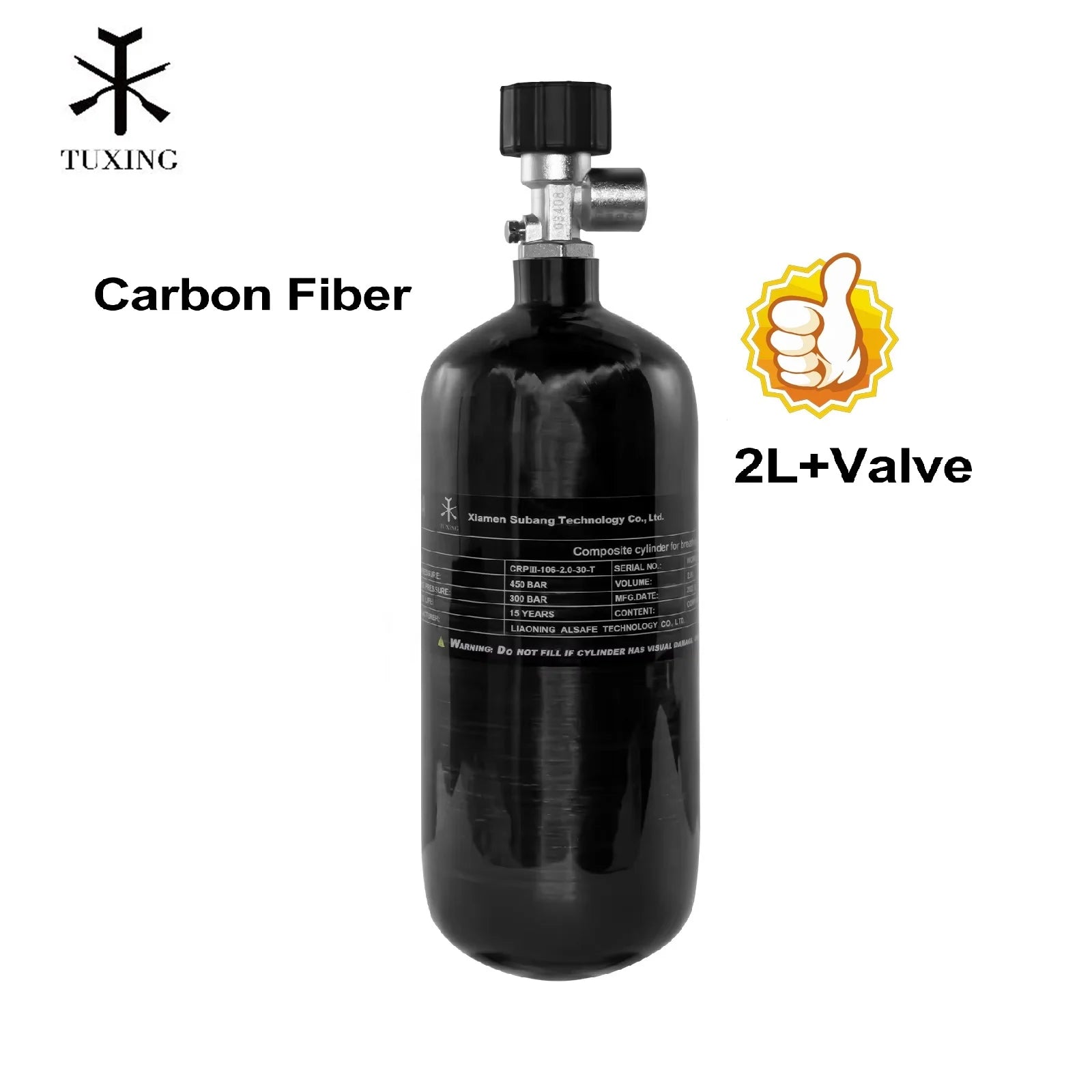 TUXING Wholesale Convenience ODM CE PCP Tank 4500psi 300bar 30mpa Hpa 2L Paintball Game Carbon Fiber Air Tank With Black Valve