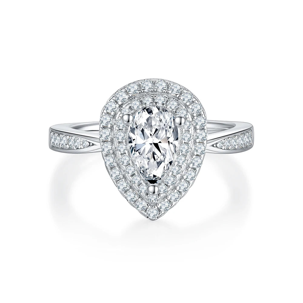 Wish Jewelry New Arrival White Gold Plated 925 Sterling Silver Double Halo Pear Shaped Moissanite Engagement Wedding Ring