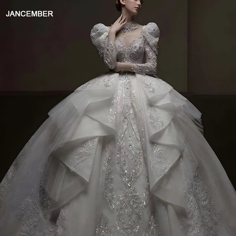 Romantic Sweetheart Neck Wedding Dress Puff Sleeves Elegant 3D Flower Bridal Gown Luxury Sequins Ball Gown LSHT038