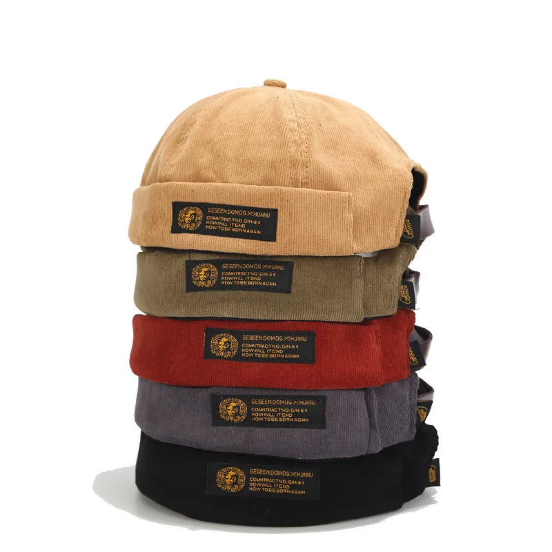 Wholesale Hot Selling Unisex Corduroy Docker Hat Retro Leather Strap Brimless Skull Hat Streetwear