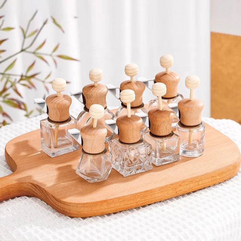 8ML 10ML 12ML  Clear Fragrance Glass Perfume Bottle for Car Vent Air Freshener  Capacity Hot Stamping Surface Wooden Screw Cap
