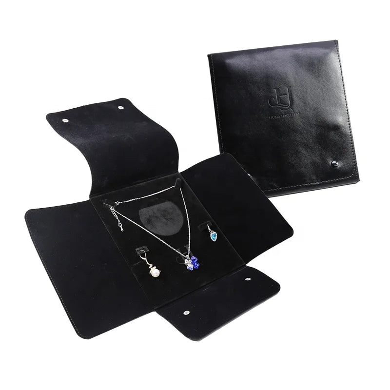 High Quality Black PU Leather Jewelry Boxes Foldable Necklace Pouch Bag with Velvet Lining for High-End Packaging