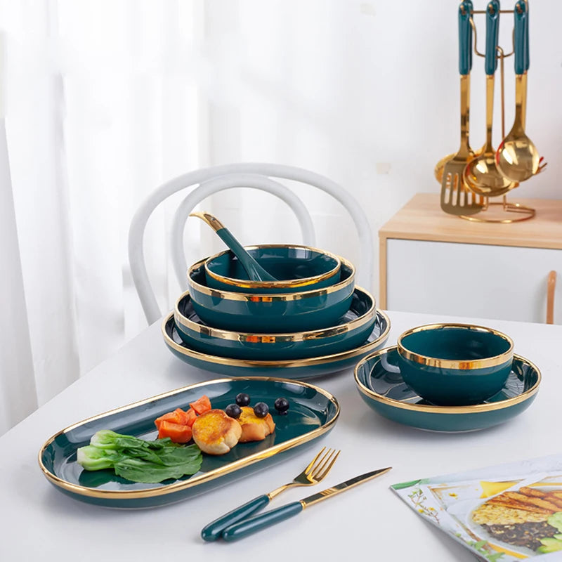 Ceramic Dinner Plates Dinnerware Set Dishes Luxury Green Food Plate Set Salad Soup Bowl Plate and Bowls Set for Restaurant Hotel