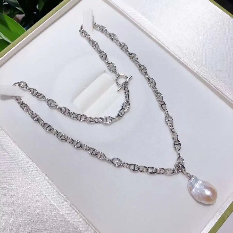 Great AAAA Grade Platinum Plated Baroque Pearl Necklace Universal Buckle Pendant Freshwater Natural Pig Nose Design Hiphop Style