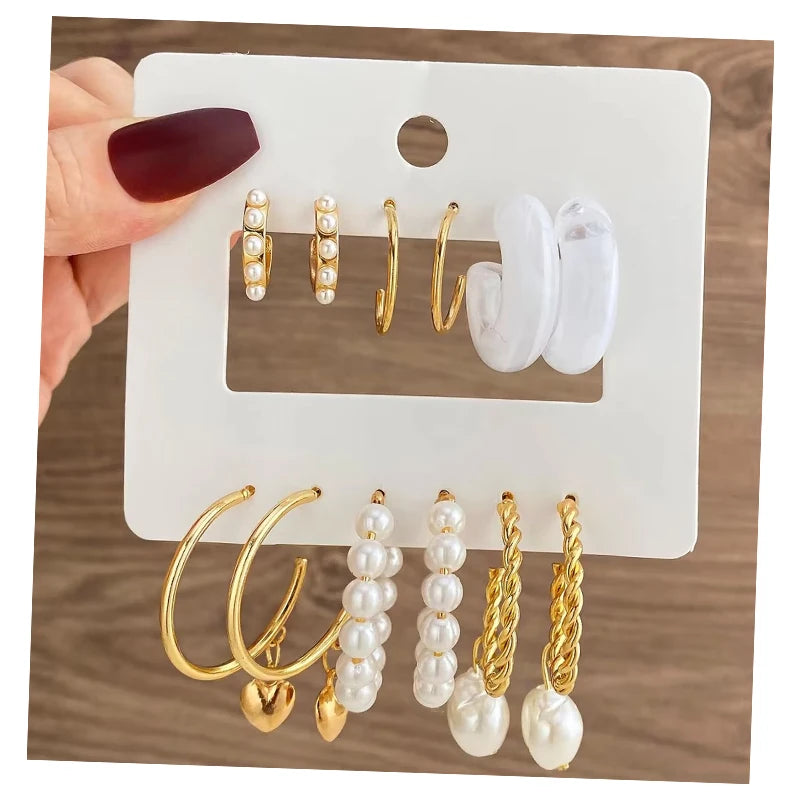 New Trendy Gold Plated Resin Heart Hoop Earrings Set Crystal Geometric Pearl Circle Drop Earrings for Women Jewelry Gift