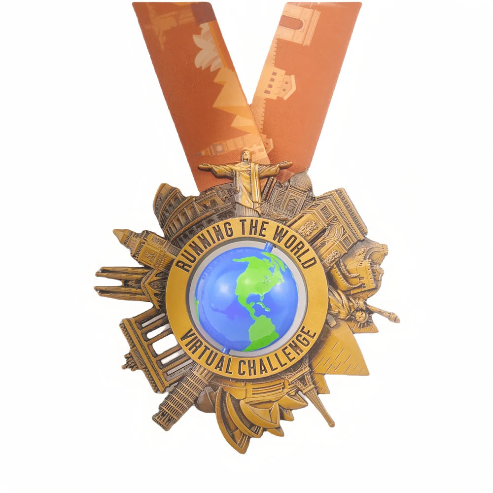 UK Running the World Custom Sport Medals and Trophies Virtual Challenge Rotating 3D Sphere Marathlon Medals Spinning 3D Building