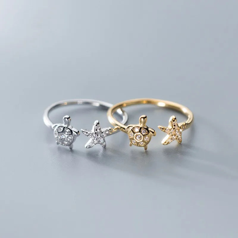 925 Sterling Silver Zircon Sea Turtle Starfish Shape Adjustable Open Gold Plated Finger Rings Fashion Jewelry for Women