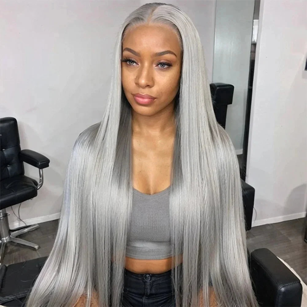 Gray Lace Front Human Hair 180% Straight Grey Human Hair WigRemy Brazilian Human Hair Wigs Silver Grey Lace Front Wig