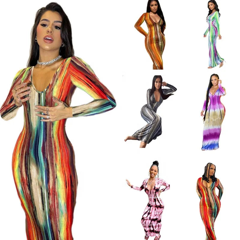 S-3XL Summer Dress 2025 Hot Sale Long Sleeve Deep V Neck Knit Bodycon Backless Sundresses Plus Size Elegant Women Sun Dresses