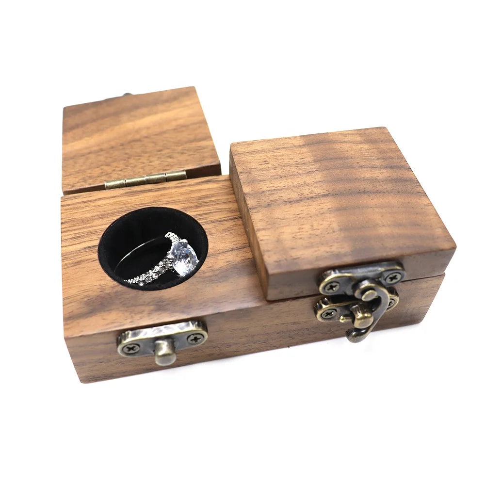 Vintage Solid Wood Wedding Double Ring Carrier Box with Lock