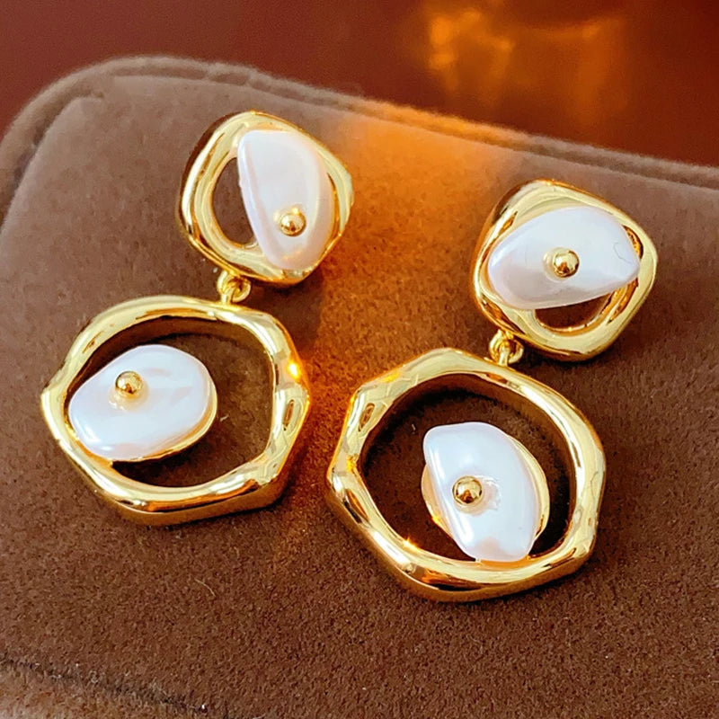 KAIMEI 2025 New Arrival Fashion Jewelry 18k Genuine Gold Pearl Earrings Irregular Chunky Real Gold Earrings