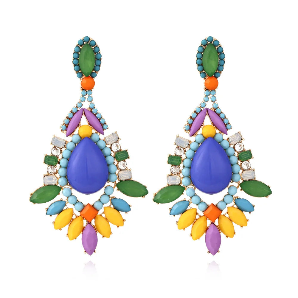 Vintage Resort Style Diamond Earrings Long Teardrop-shaped Colorful Resin Floral Earrings for Women Girls