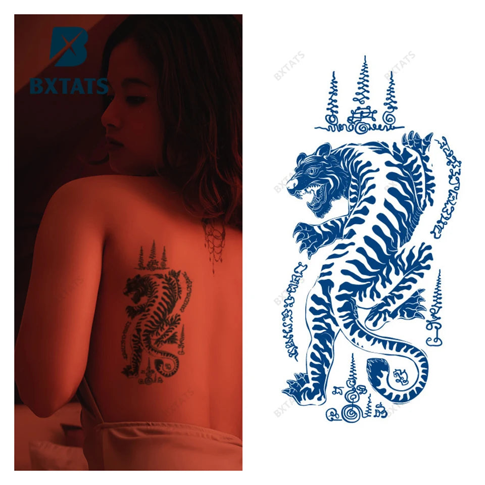 BXTAT Semi Permanent Blue Genipa Juice Tattoos of Manchurian Tiger Peacock Moon Mandala Geometric Pattern Feathering GZ295to300