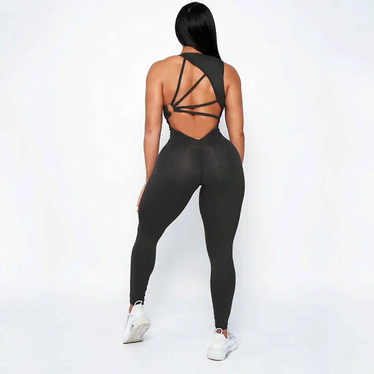 New Arrival Women Scrunch Butt Yoga Bodysuit Cut Out Back Fitness Activewear Jumpsuit