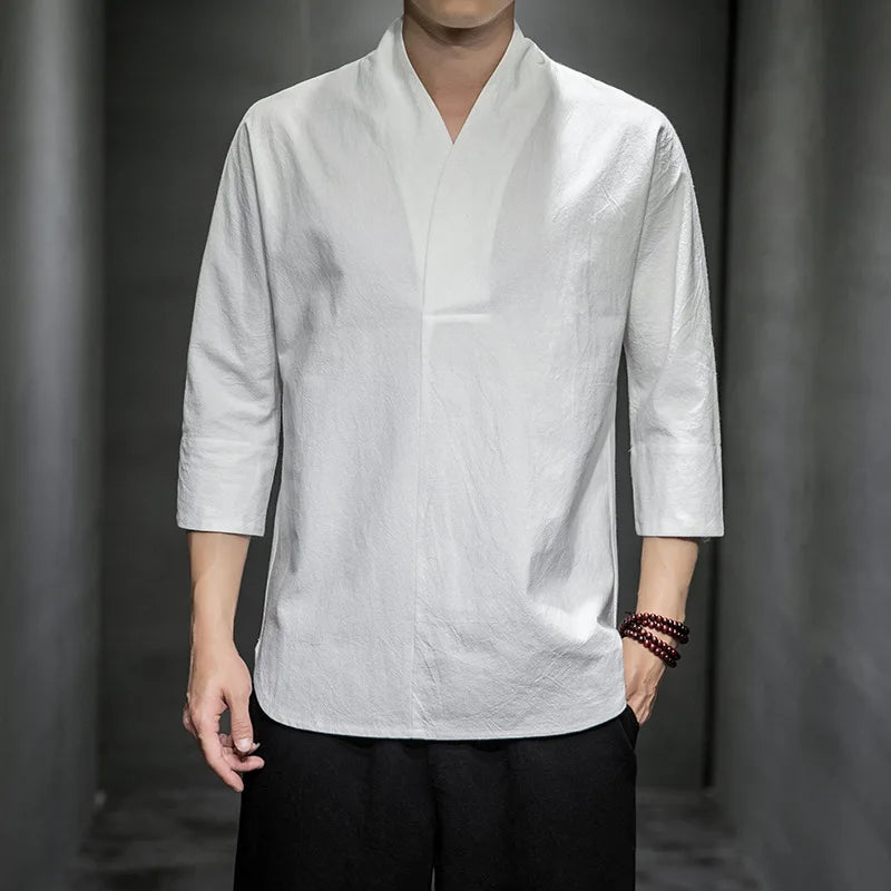 M-5XL Chinese Style Tang Suit Chinese Men's Home Zen Suit Ancient Short Sleeved Men's Cotton Linen Hanfu 7/4 Sleeve T-shirt