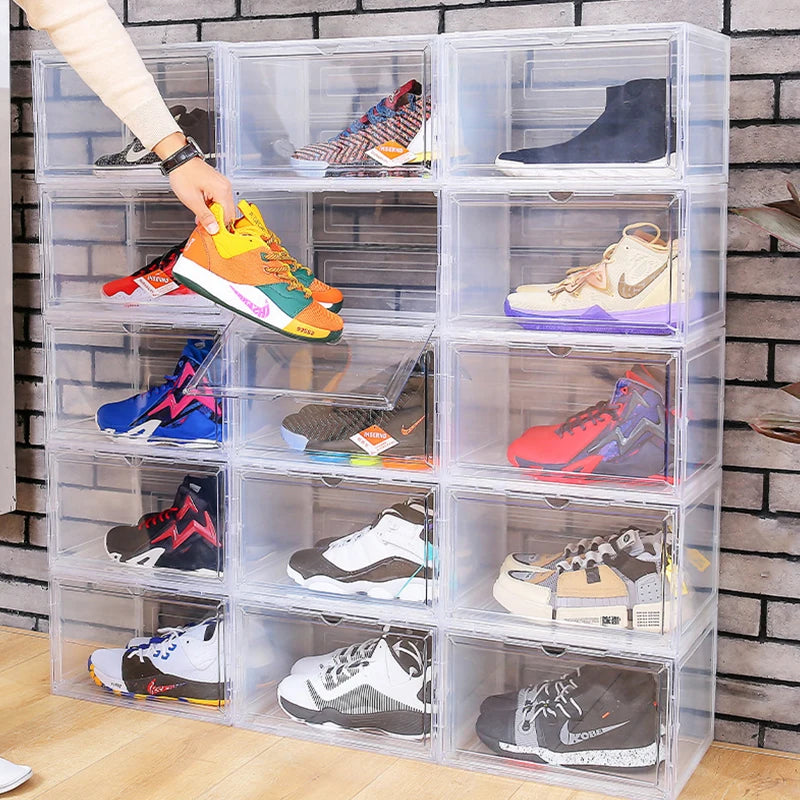 Factory Wholesale Transparent Basketball Shoe Box Foldable Rectangle PP Plastic with Magnetic Side Door Assembly