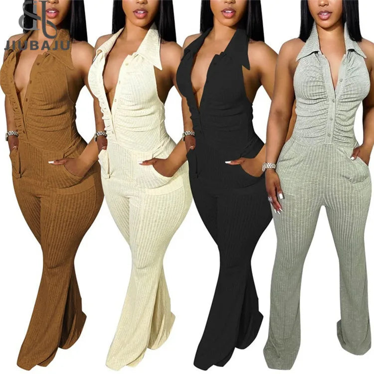Knitted Halter Backless Jumpsuits Women Sexy Lapel Single Breasted Bodycon One Piece Rompers