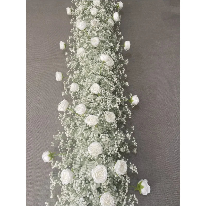 A-1347 Luxurious Flower Runner Arrangement Wedding Table Runner Flower Artificial Baby Breath White Rose Runner