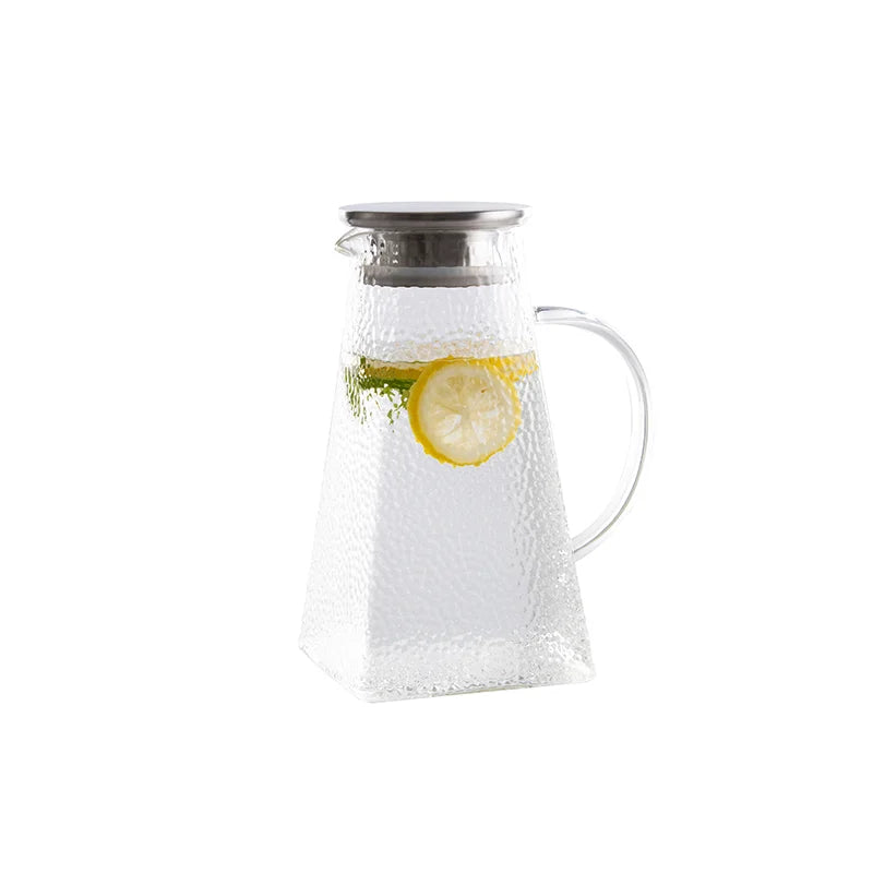 Factory-Direct Eco-Friendly Food Grade Modern Embossed Design 1.5L/1.8L Glass Pitcher Handle Lid for Juice Lemonade Drinking